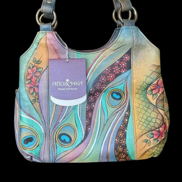 Anuschka Pastel Peacock Shoulder Bag multi pocket with 2 attached pouches NEW - Picture 2 of 11